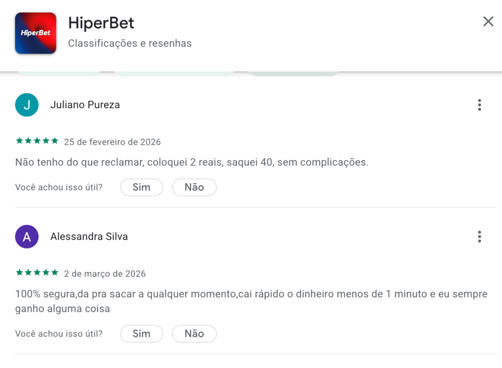 captura de tela das avaliações do app hiperbet na play store