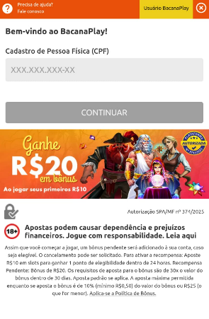 captura de tela do processo de cadastro sem código promocional na Bacana Play