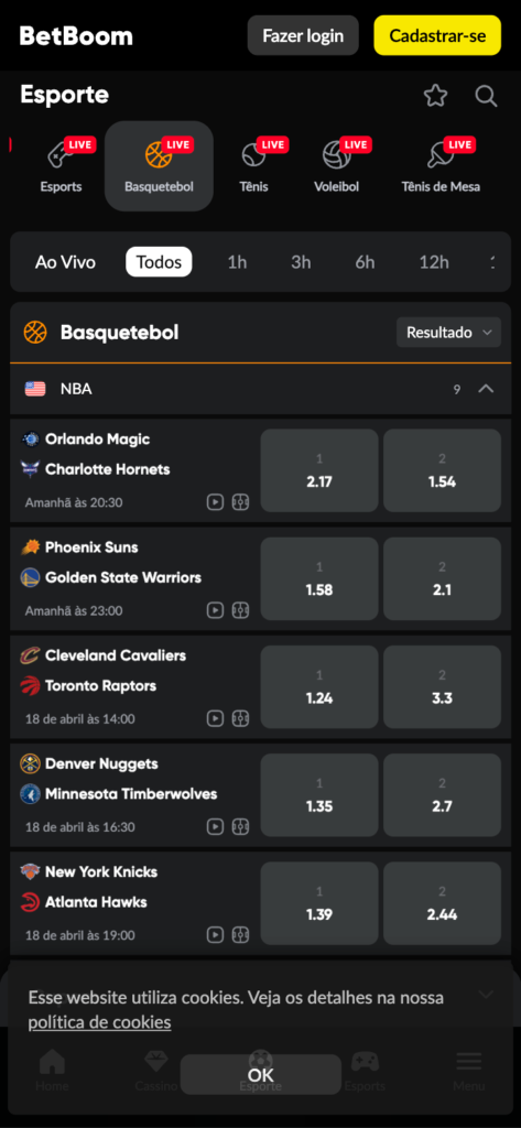 captura de tela das apostas em NBA na BetBoom