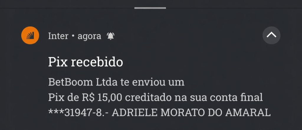Comprovante de Pix recebido mostrando que a BetBoom paga os apostadores