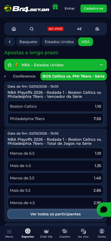 captura de tela das apostas em NBA na Br4bet