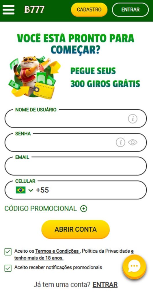 Tela do app da Brazino777 para cadastro