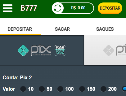 Tela de depósito no app da Brazino777