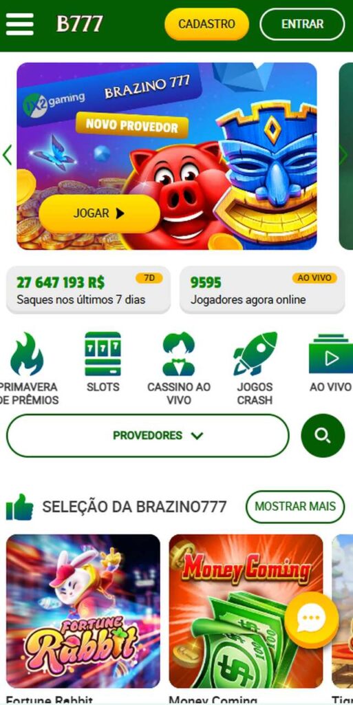 Tela de cassino e jogos do app Brazino777