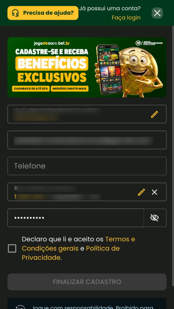 captura de tela do processo de cadastro na jogo de ouro