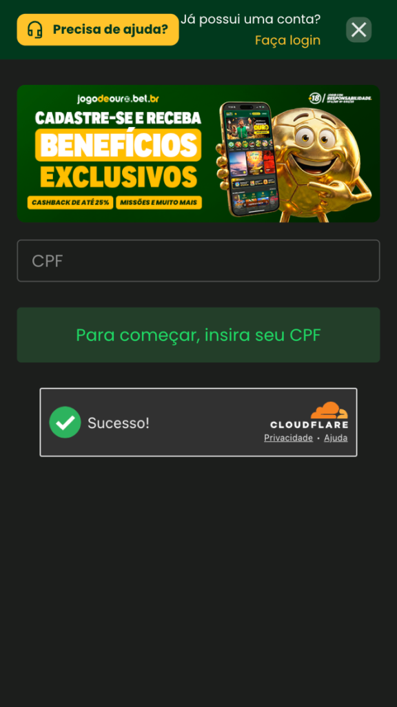 captura de tela do processo de cadastro na jogo de ouro