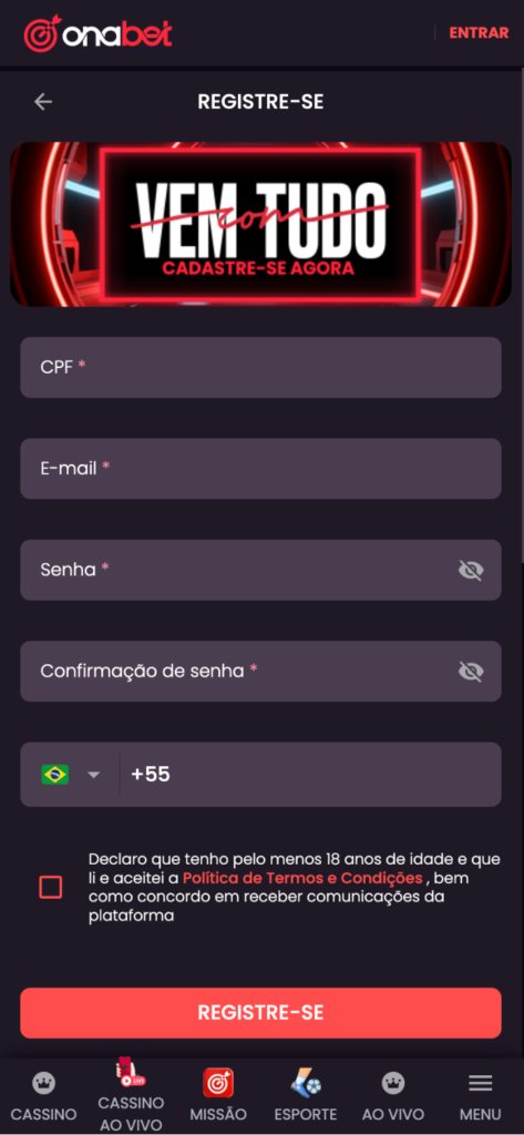 captura de tela do processo de registro na Onabet