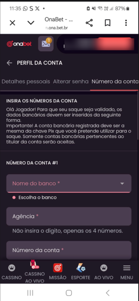 captura de tela de como cadastrar conta bancária na Onabet