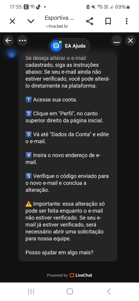 captura de tela do chat ao vivo da Esportiva Bet