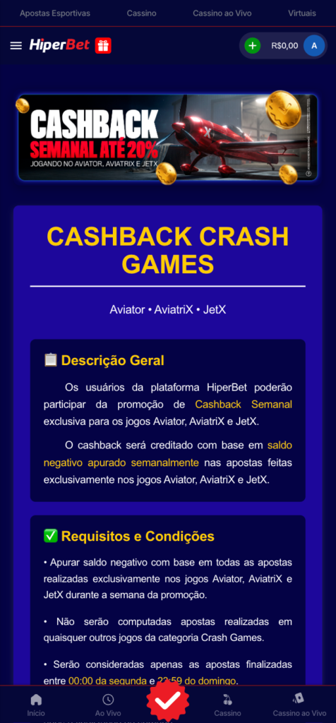 captura de tela do programa de cashback da Hiperbet