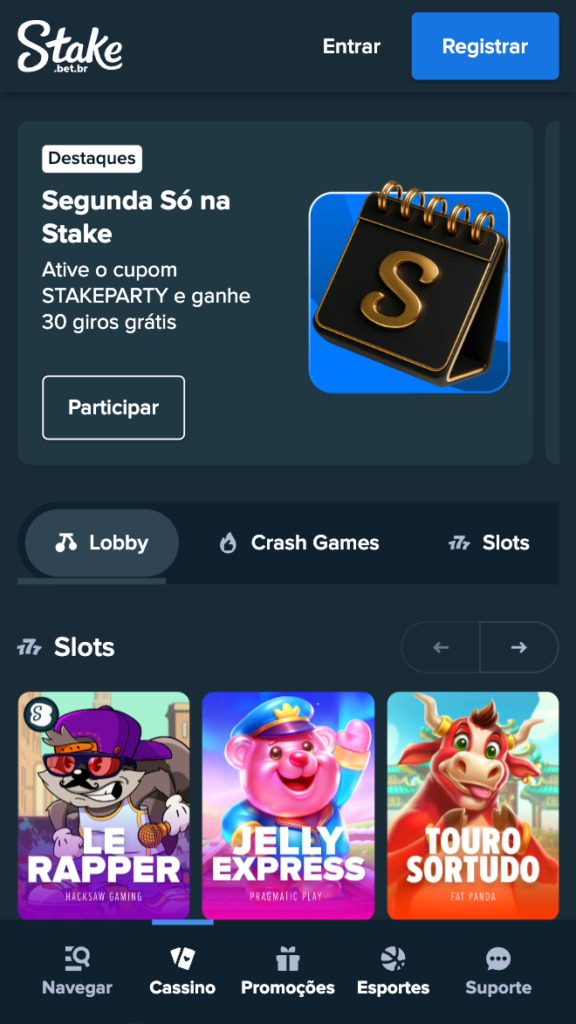 Captura de tela do cassino que paga via Pix: Stake