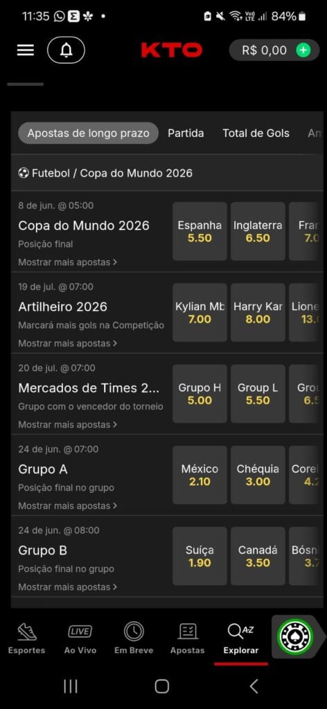 captura de tela de como apostar na copa do mundo na KTO