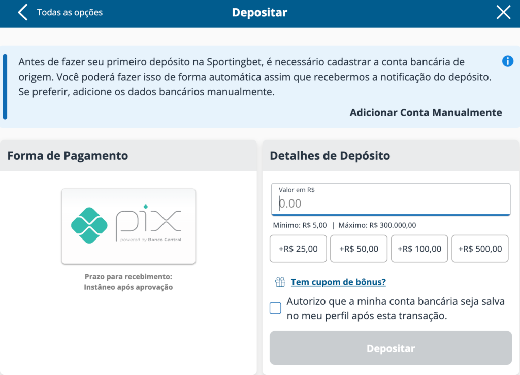 captura de tela do processo de depósito na Sportingbet