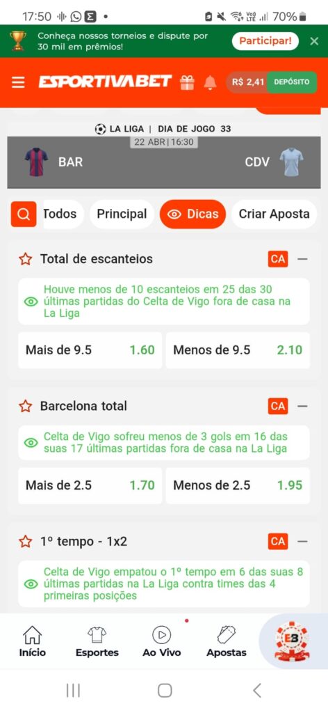 captura de tela do recurso de dicas da Esportiva bet