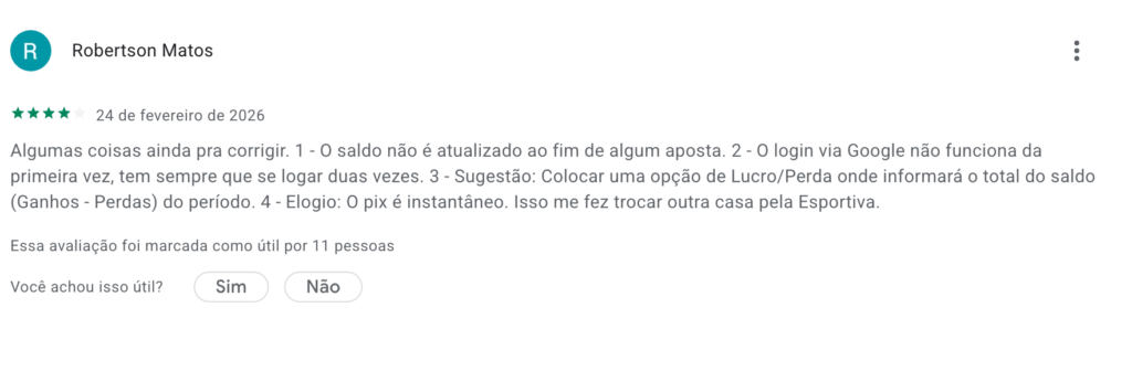 captura de tela das opinioes do app Esportiva Bet na Play Store