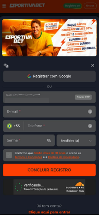 Imagem da tela de registro para o cadastro na Esportiva Bet.