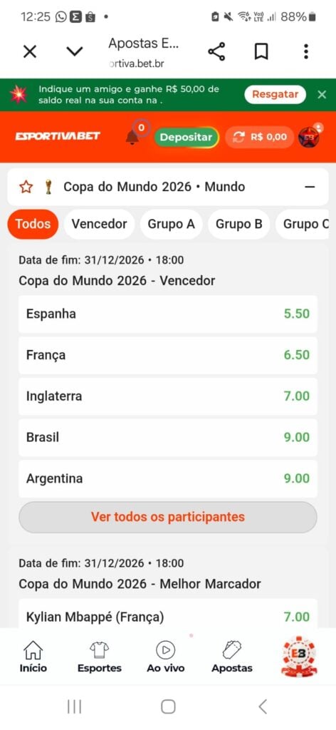 captura de tela da Esportiva Bet com mercados para a Copa do Mundo
