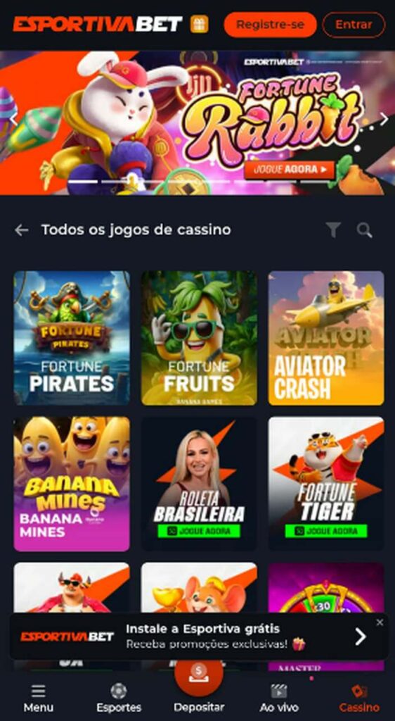 Imagem da tela dos jogos de cassino na Esportiva Bet.