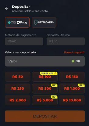 Imagem da tela de depósito na Esportiva Bet.