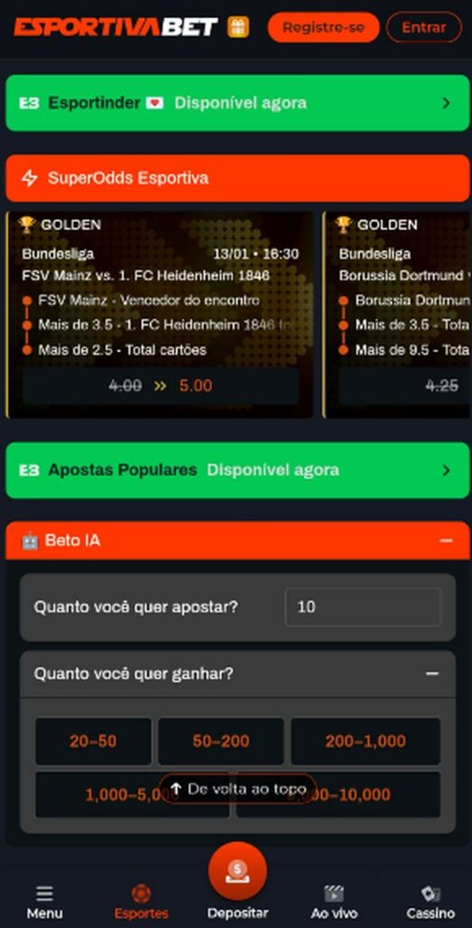 Imagem da tela de esportes na Esportiva Bet