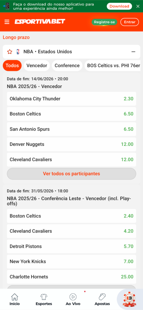 captura de tela das apostas em NBA na Esportiva Bet