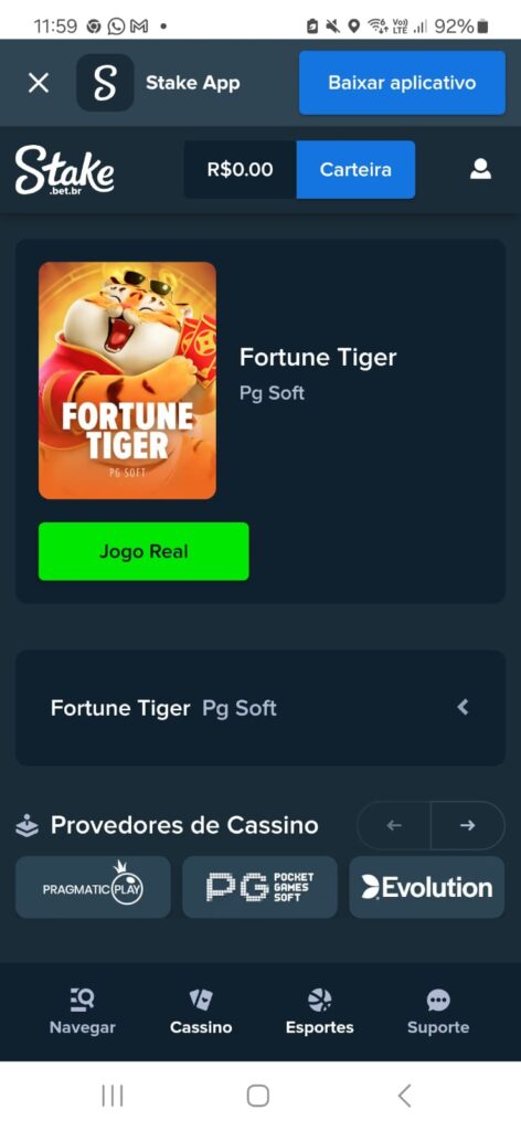 captura de tela do fortune tiger na Stake