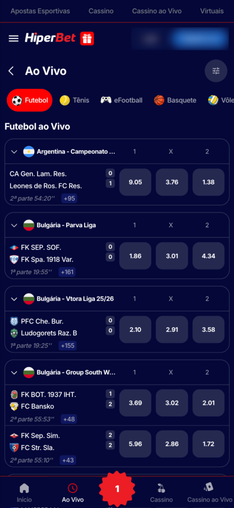 captura de tela das apostas ao vivo na Hiperbet