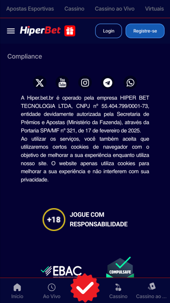captura de tela do rodapé do site da Hiperbet com informações sobre licença e CNPJ