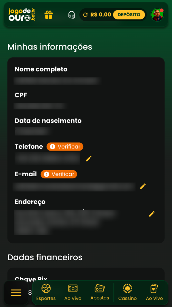 captura de tela dos dados pessoais jogo de ouro bet