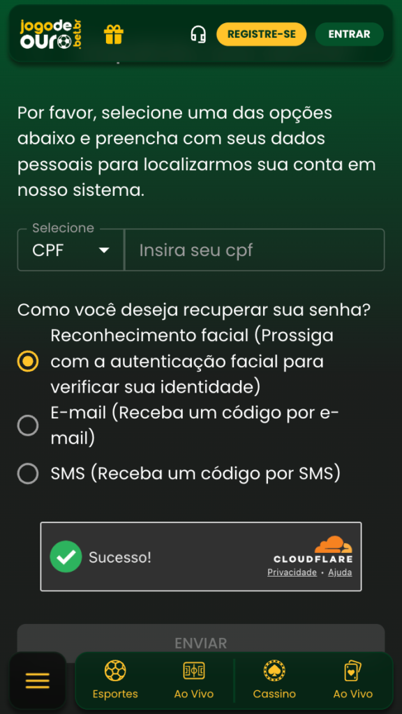 captura de tela de como recuperar a senha na Jogo de Ouro