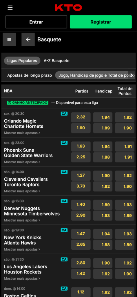captura de tela das apostas em NBA na KTO