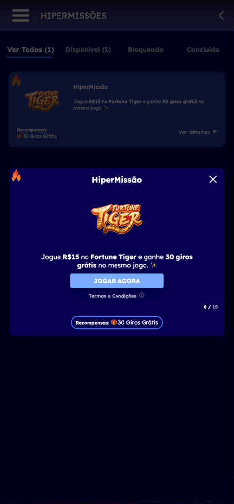 captura de tela das missões com giros grátis na Hiperbet