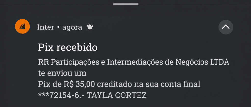 captura de tela do Pix recebido da Multibet