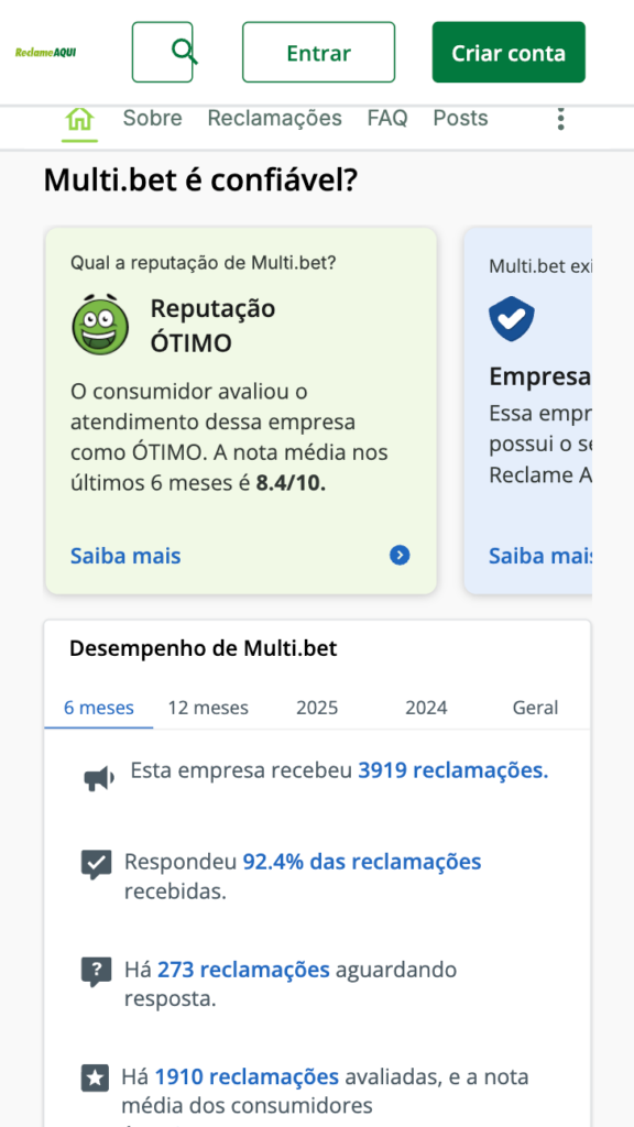 captura de tela da Multibet no Reclame Aqui