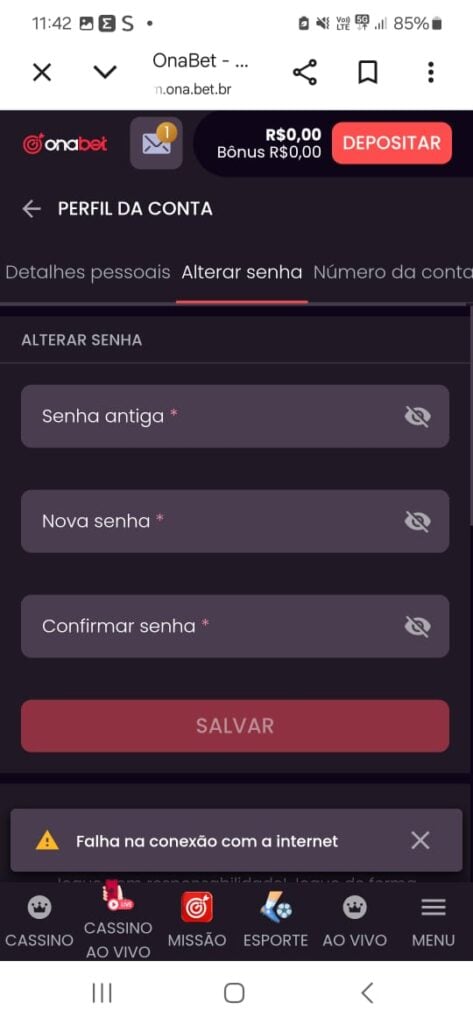 captura de tela de como alterar cadastro na Onabet