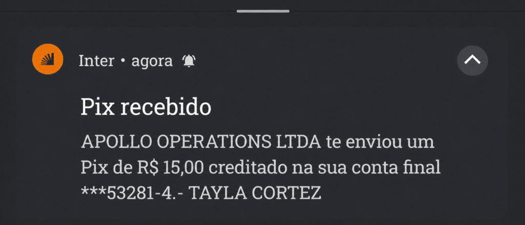 captura de tela do Pix recebido pela KTO
