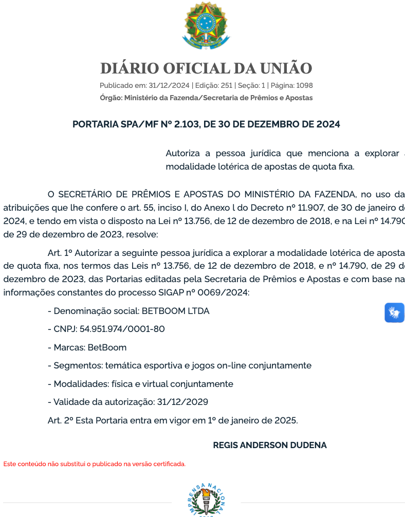 captura de tela da licenca da betboom na SPA/MF