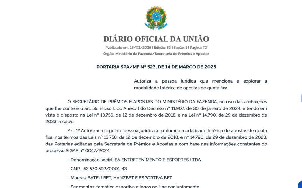 captura de tela da Portaria que autoriza a atuação da Esportiva Bet