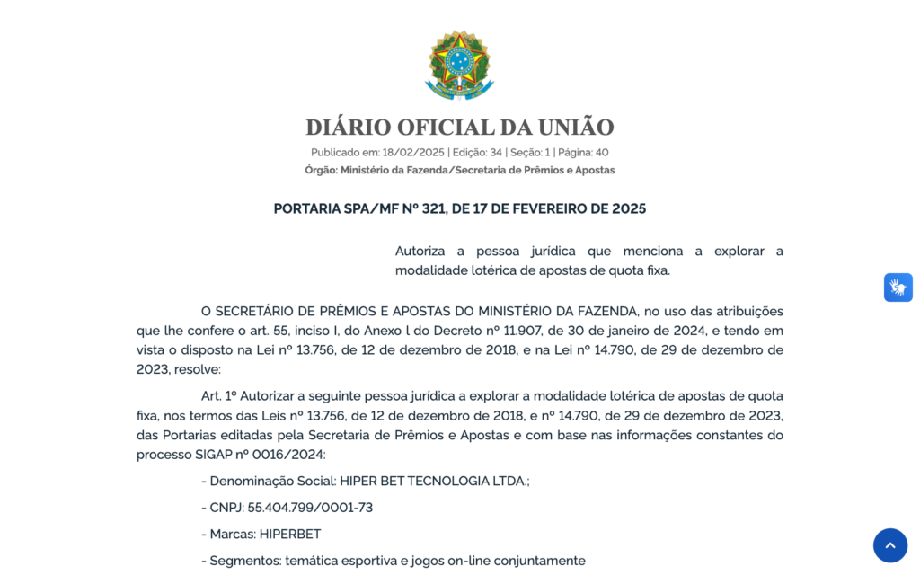 captura de tela da autorização de funcionamento SPA/MF da Hiperbet