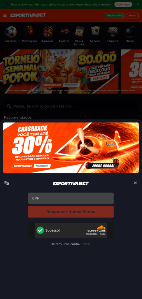 captura de tela de como recuperar a senha na Esportiva Bet