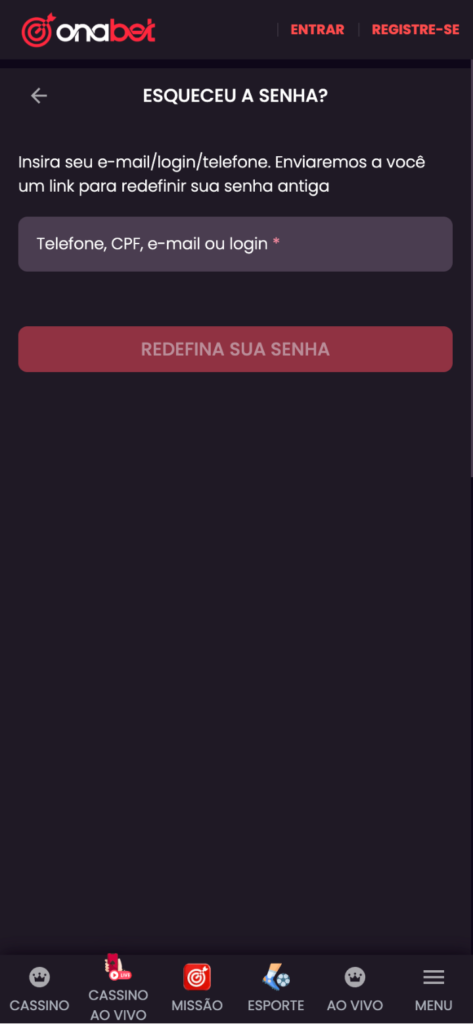 captura de tela de como redefinir senha na Onabet