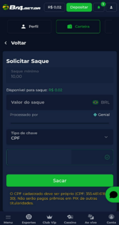 Passo 2 para sacar na Br4bet