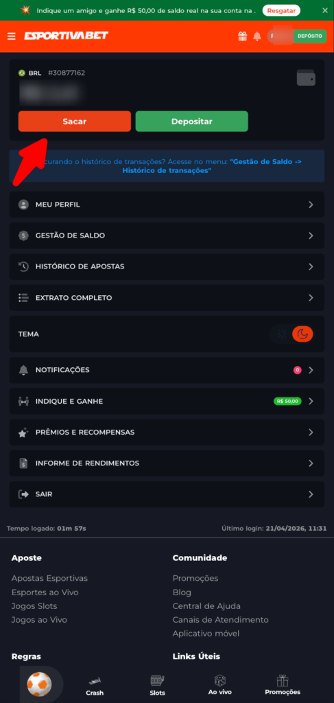 captura de tela do processo de saque na Esportiva Bet