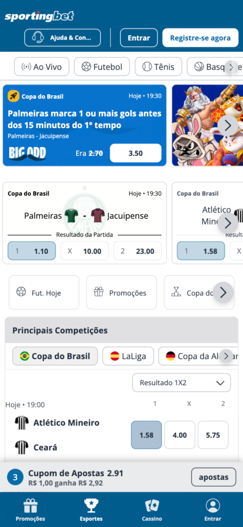 captura de tela da Sportingbet: plataforma de 5 reais no depósito