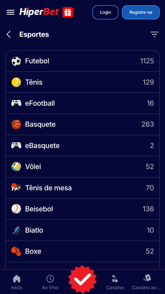 captura de tela da variedade de modalidades esportivas na Hiperbet