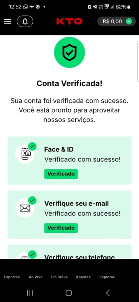 captura de tela da verificação de conta kto