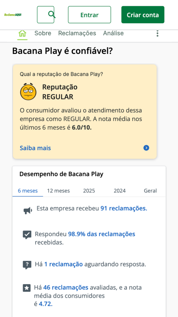 captura de tela da Bacana Play no Reclame Aqui