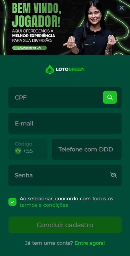 Tela de cadastro sem a exigência do código promocional Lotogreen