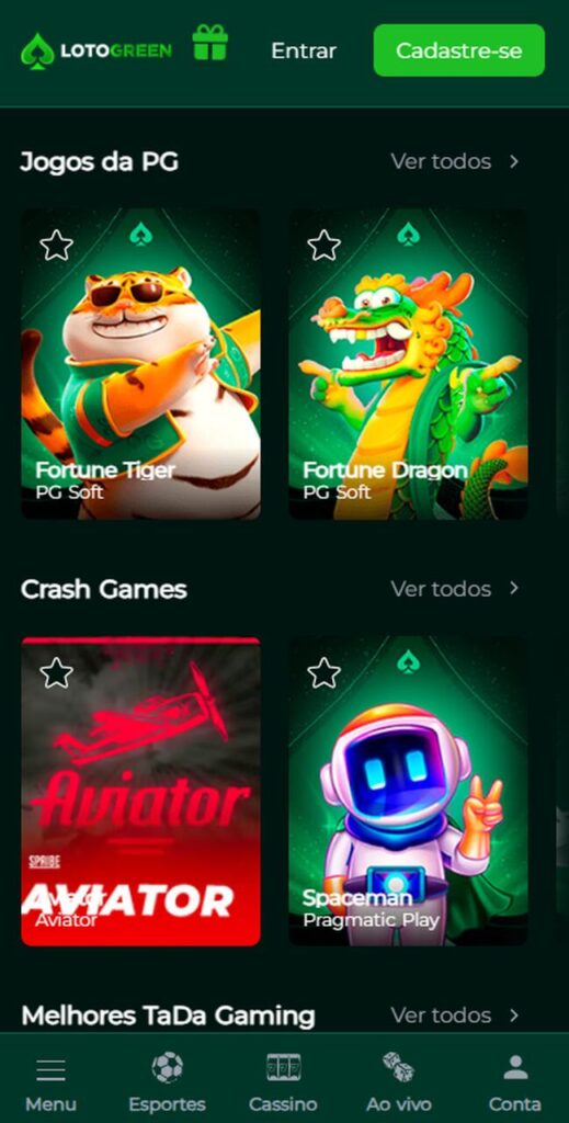 Tela dos jogos de cassino na Lotogreen