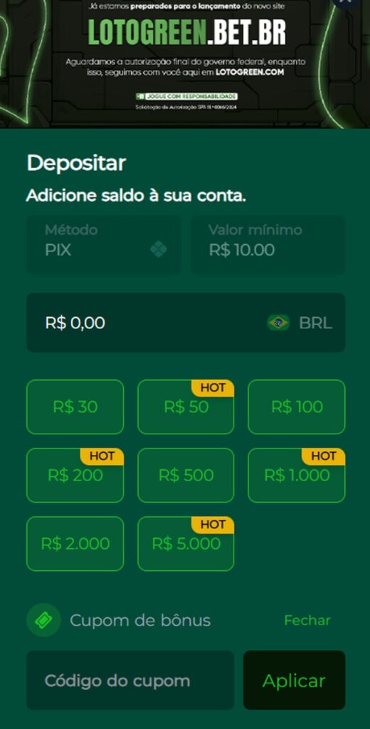 Tela para depositar na plataforma LotoGreen